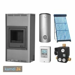Aquaflam 17 Basic Grey Wasserführender Kaminofen Komplett-Set + Solarthermie-Set 2 (11 M²) + Hygienespeicher SHS 750 + 1 SWT