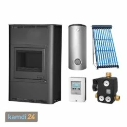 Aquaflam 25 Basic Black Wasserführender Kaminofen Komplett-Set + Solarthermie-Set 5 (18 M²) + Hygienespeicher SHS 900 + 1 SWT