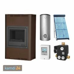 Aquaflam 25 Basic Brown Wasserführender Kaminofen Komplett-Set + Solarthermie-Set 5 (18 M²) + Pufferspeicher TPSR 1000 + 1 SWT