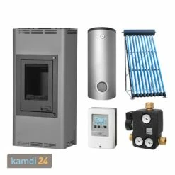 Aquaflam 7 Basic Grey Wasserführender Kaminofen Komplett-Set + Solarthermie-Set 1 (8 M²) + Hygienespeicher SHS 550 + 1 SWT