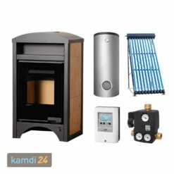 Aquaflam Vario Barma Basic Nut Tree Wasserführender Kaminofen Komplett-Set + Solarthermie-Set 2 (11 M²) + Hygienespeicher SHS 550 + 1 SWT