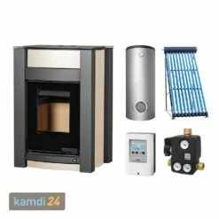 Aquaflam Vario Kalmar Basic Creme Wasserführender Kaminofen Komplett-Set + Solarthermie-Set 2 (11 M²) + Kombispeicher THKE 600 + 1 SWT