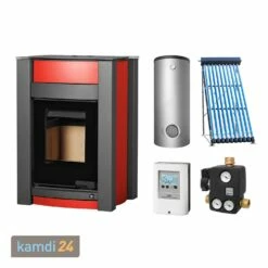 Aquaflam Vario Kalmar Basic Red Wasserführender Kaminofen Komplett-Set + Solarthermie-Set 2 (11 M²) + Kombispeicher THKE 600 + 1 SWT