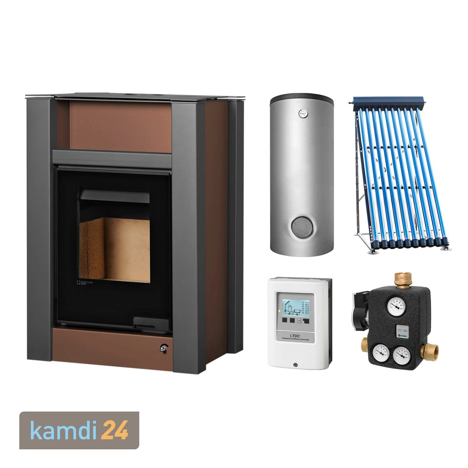 Aquaflam Vario Lend Basic Brown Wasserführender Kaminofen Komplett-Set + Solarthermie-Set 2 (11 M²) + Pufferspeicher TPSR 600 + 1 SWT 1 Aquaflam Vario Lend Basic Brown Wasserführender Kaminofen Komplett-Set + Solarthermie-Set 2 (11 M²) + Pufferspeicher TPSR 600 + 1 SWT