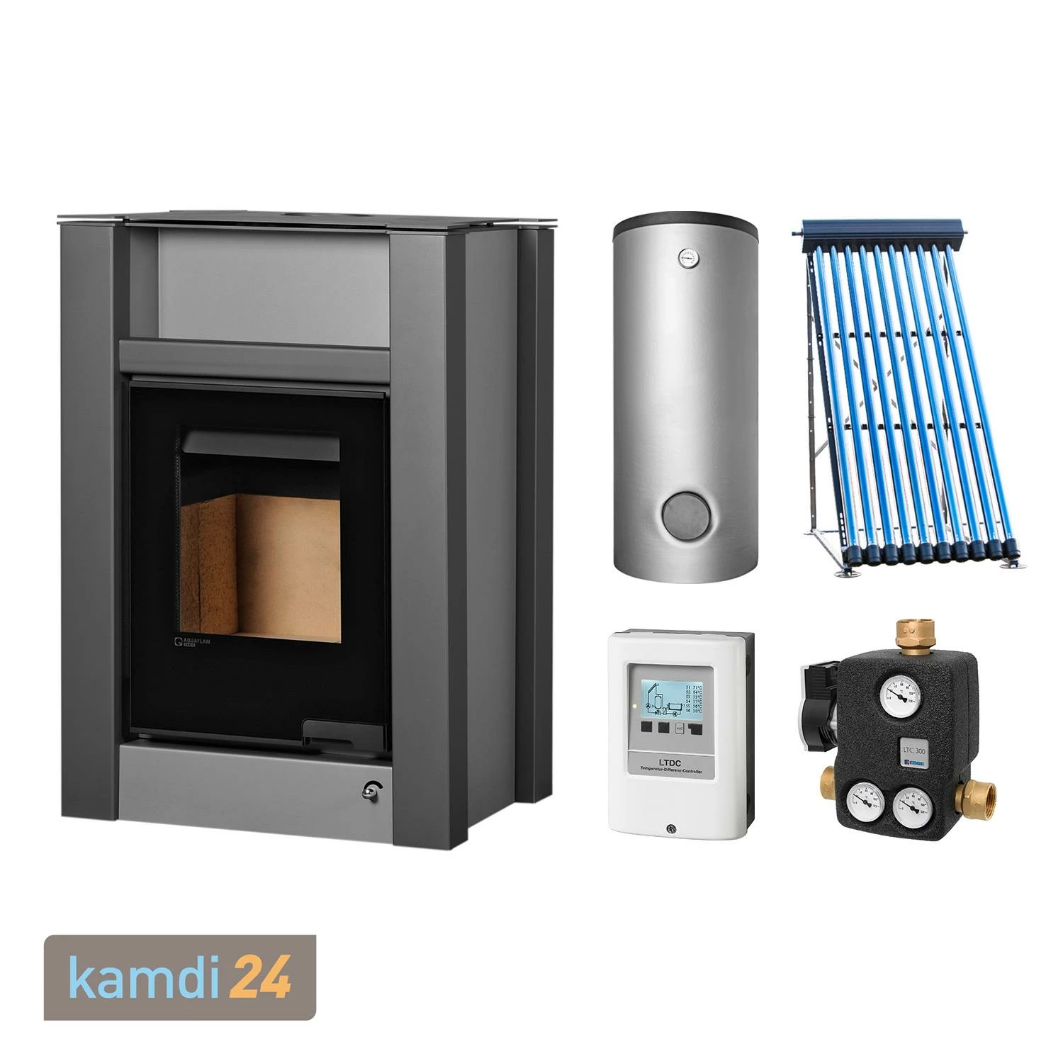 Aquaflam Vario Lend Basic Grey Wasserführender Kaminofen Komplett-Set + Solarthermie-Set 2 (11 M²) + Kombispeicher THKE 600 + 1 SWT 1 Aquaflam Vario Lend Basic Grey Wasserführender Kaminofen Komplett-Set + Solarthermie-Set 2 (11 M²) + Kombispeicher THKE 600 + 1 SWT