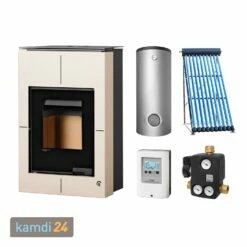 Aquaflam Vario Saporo Basic Creme Wasserführender Kaminofen Komplett-Set + Solarthermie-Set 2 (11 M²) + Hygienespeicher SHS 550 + 1 SWT
