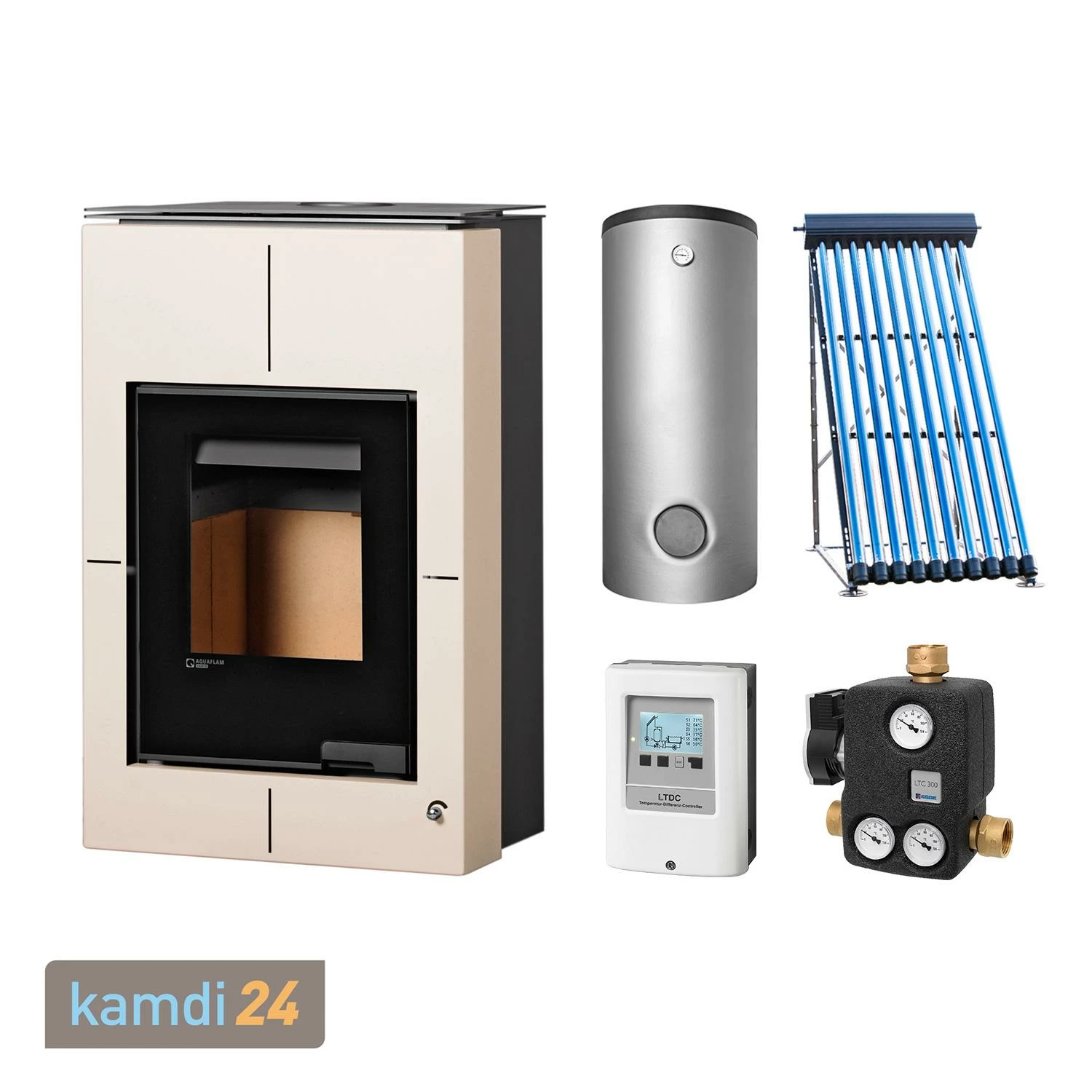Aquaflam Vario Saporo Basic Creme Wasserführender Kaminofen Komplett-Set + Solarthermie-Set 2 (11 M²) + Kombispeicher THKE 600 + 1 SWT 1 Aquaflam Vario Saporo Basic Creme Wasserführender Kaminofen Komplett-Set + Solarthermie-Set 2 (11 M²) + Kombispeicher THKE 600 + 1 SWT