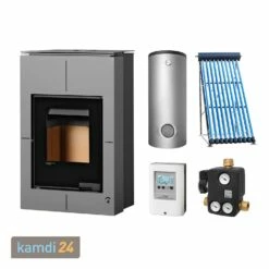 Aquaflam Vario Saporo Basic Grey Wasserführender Kaminofen Komplett-Set + Solarthermie-Set 2 (11 M²) + Pufferspeicher TPSR 600 + 1 SWT