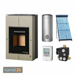 Aquaflam Vario Saporo Basic Olive Wasserführender Kaminofen Komplett-Set + Solarthermie-Set 2 (11 M²) + Pufferspeicher TPSR 600 + 1 SWT