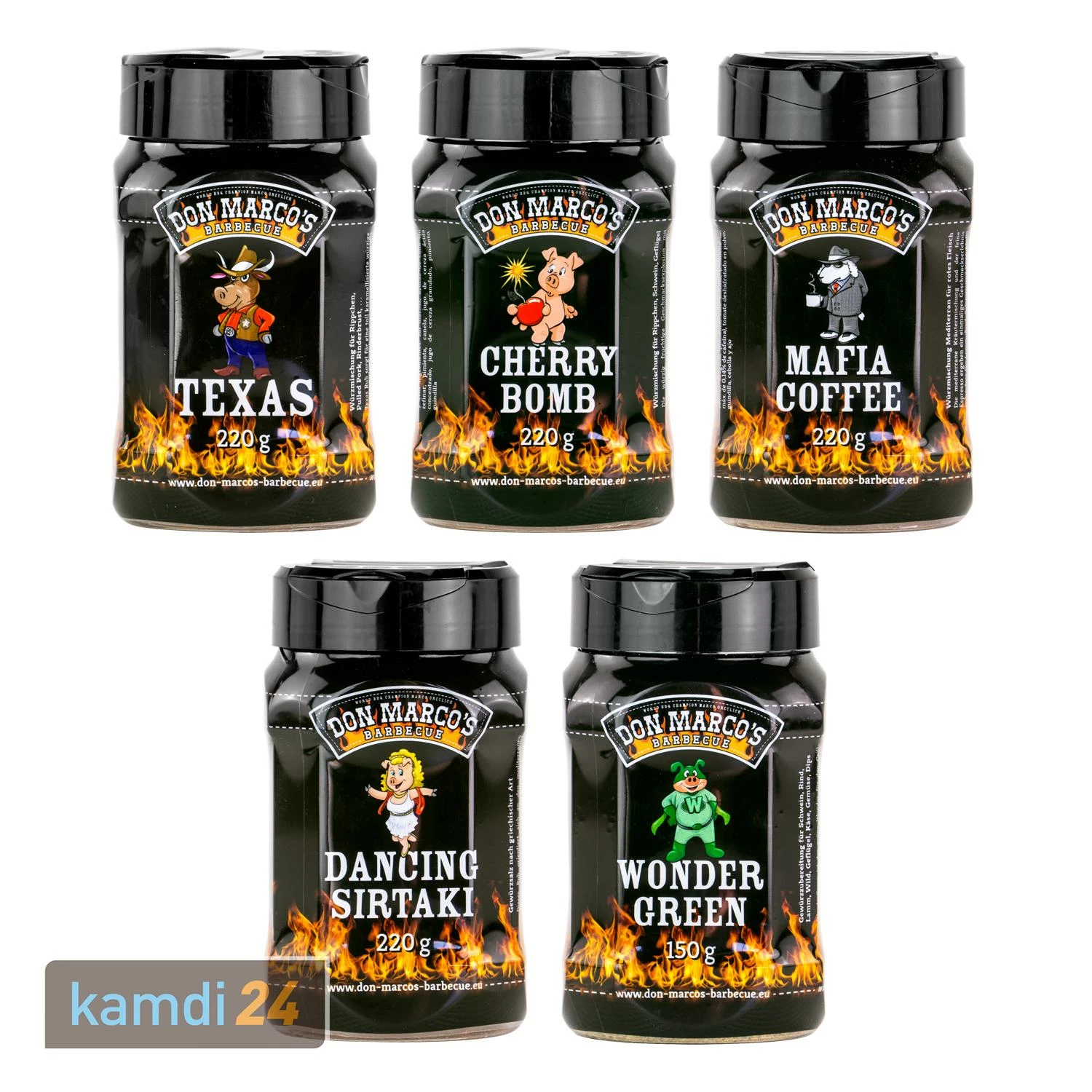 Don Marco´s Rub-Set: Texas Style, Cherry Bomb, Mafia Coffee, Dancing Sirtaki & Wonder Green 1 Don Marco´s Rub-Set: Texas Style, Cherry Bomb, Mafia Coffee, Dancing Sirtaki & Wonder Green