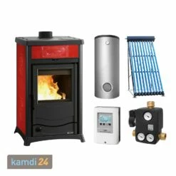La Nordica Termorossella Plus EVO DSA 4.0 Wasserführender Kaminofen Liberty Bordeaux Komplett-Set + Solarthermie-Set 4 (15,17 M²) + Kombispeicher THKE 825 + 1 SWT