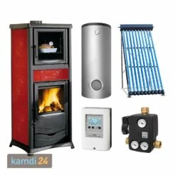 La Nordica Termorossella Plus Forno DSA 4.0 Wasserführender Kaminofen Liberty Bordeaux Komplett-Set + Solarthermie-Set 4 (15,17 M²) + Pufferspeicher TPSR 825 + 1 SWT