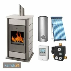 Schmitzker Alicante Anthrazit Speckstein Wasserführender Kaminofen + Solar-Set 1 (7,52 M²) Mit Pufferspeicher 600 + 1 SWT