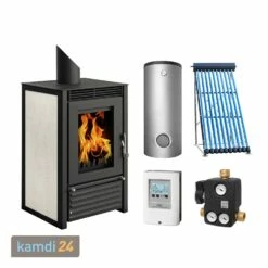 Schmitzker Marbella Compact Keramik Beige Wasserführender Kaminofen + Solar-Set 1 (7,52 M²) Mit Kombispeicher 600L + 1 SWT