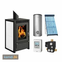 Schmitzker Marbella Compact Stahl Weiß Wasserführender Kaminofen + Solar-Set 1 (7,52 M²) Mit Pufferspeicher 500L + 1 SWT