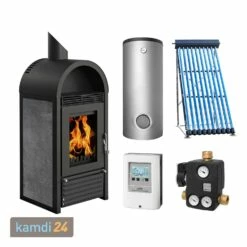 Schmitzker Marbella Keramik Anthrazit Wasserführender Kaminofen + Solar-Set 1 (7,52 M²) Mit Hygienespeicher 550L + 1 SWT