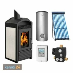 Schmitzker Marbella Mini Keramik Beige Wasserführender Kaminofen + Solar-Set 1 (7,52 M²) Mit Kombispeicher 600L + 1 SWT