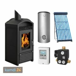 Schmitzker Marbella Mini Stahl Schwarz Wasserführender Kaminofen + Solar-Set 1 (7,52 M²) Mit Pufferspeicher 500L + 1 SWT